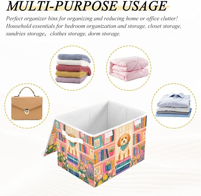 Fabric Storage Bins with Lid Cute Dog Floral Closet Storage Basket 40L | Foldable & Stackable, Flip Top Dust Guard, Reinforced Handles, Home & Bedroom, Clothes & Toys, Oxford Print Basket