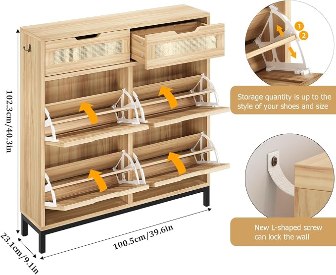 Jocoevol Rattan Shoe Cabinet for Entryway with 4 Flip Drawers and 2 Drawers, Narrow Freestanding Shoe Storage Cabinet with Metal Legs for Entryway/Hallway/Foyer
