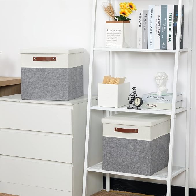 Temary Cube Storage Bins with Lids for Organizing Clothes, [2-Pack] Foldable Storage Boxes with Handles, Closet Storage Baskets for Living Room (White&Gray, 13x13x13inch)