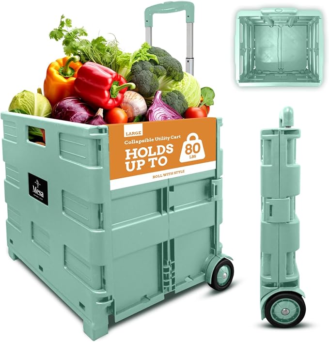 Inspired Living Ultra-Slim Rolling Collapsible Storage Pack-N-Roll Utility-carts, with Telescopic Handle, for Home, Garden, Shopping, Office, School use, Large, Mint