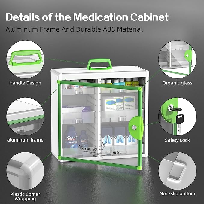 Lockable Medicine Cabinet with 6 Removable Trays, Wall Mounted & Portable Locking Medicine Cabinet Organizer with Key Lock for Home, Bathroom, Office - Aluminum Frame(15.63 * 6.5 * 15.43Inch)