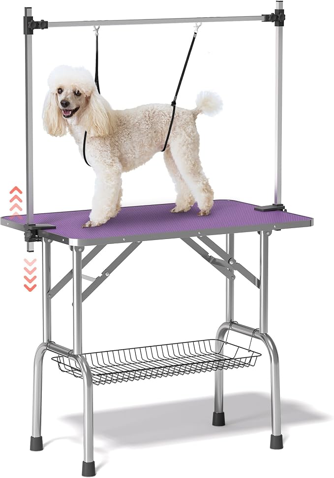 46'' Stainless Steel Pet Dog Grooming Table, Arm/Noose/Tray, Purple | Foldable Dog Grooming Table for Dogs at Home, Adjustable Height Arm, Non-Slip Waterproof Tabletop, Capacity 330Lb