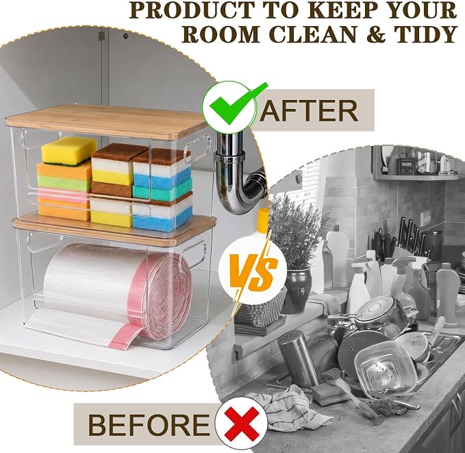 Trash Bag Dispenser Under Sink Organizer for Pantry, Kitchen | Acrylic Garbage Bag Dispenser, with Bamboo Top & Handles, Extra Large, Keep Onions and Potatoes Neat, Clear, Stackable