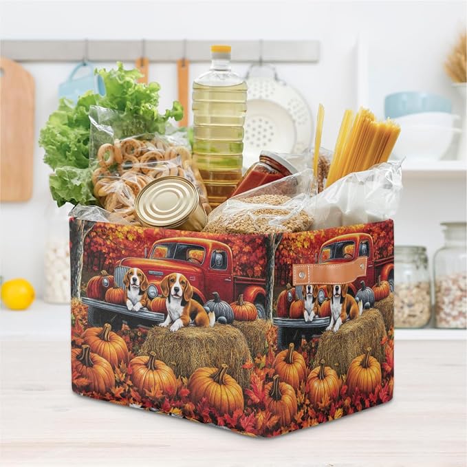 Autumn Truck Dogs Storage Bins Theme Storage Nursery Baskets with Handle Closet Collapsible Organizer Shelf Boxes for Book Cloth 15¡Á11¡Á9.5 IN