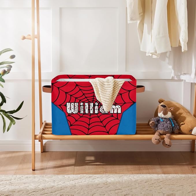 AUUXVA Custom Name Rectangle Storage Basket with Handles, Personalized Spider Web Cube Organizer Bins for Shelves Collapsible Toys Storage Box Clothes Baskets for Nursery Home Kids Room