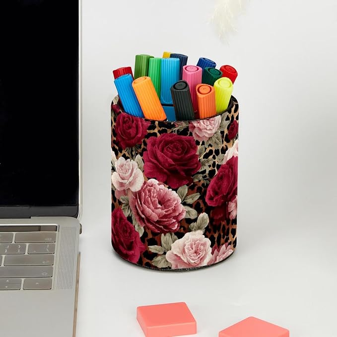 Faux Leather Pen Holder for Desk, Pencil Organizer Leopard Print and Roses Pen Cup Desk Decor Makeup Brush Holder Storage for Office Home