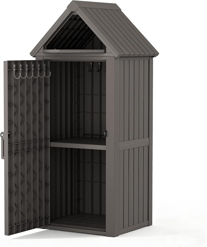 Vertical Outdoor Storage Shed, Waterproof Resin Outdoor Storage Cabinet with Removable Shelves & 12 Hooks, Lockable Small Tool Shed for Garden, Backyard, Patio, Pool, Classic Gray