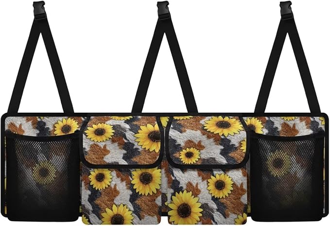 Cow Print Car Trunk Organizer Sunflower Back Seat Car Organizer Dust-Proof Heavy-Duty Trunk Storage with Adjustable Straps