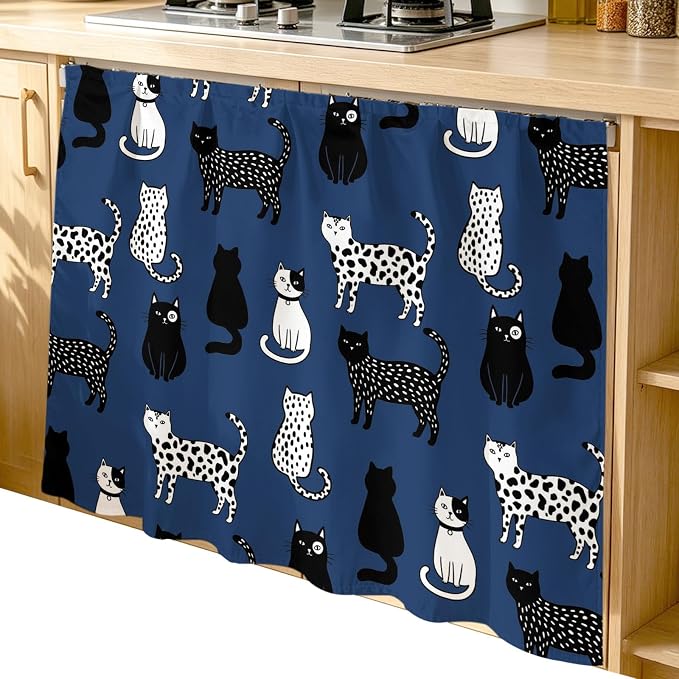 Cat Animal Cabinet Curtain 35"Wx35"L, Dustproof Under Sink Skirt with Self Adhesive Tape, Navy Blue Earthy Tone Vintage Pet Modern Cabinet Curtain Cover for Kitchen Sink, Bathroom Vanity, Laundry Room