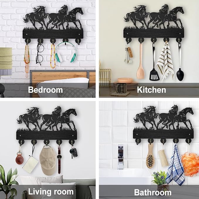 MAYJOYDIY Horse Coat Hooks Wall Mounted 11.8×7.9inch Running Horse Key Holder for Wall Wood Key Rack Hanger with 5 Alloy Hooks for Wall Art Decor Entryway Front Door Gift