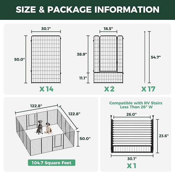 FXW Rollick Dog Playpen with RV Step Grid for RV Camping, 50" H, 16 Panels | Easy Setup & Sturdy, Blocks RV Stair Gaps, Fits RV Steps up to 26"W, For Large Dogs, Patented