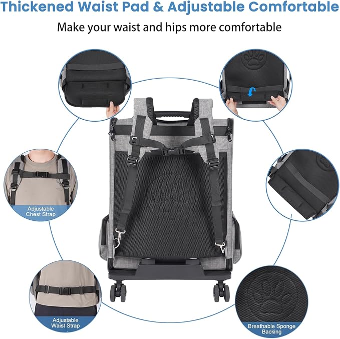 Extra Large Cat Backpack Carrier with Wheels for Cats Under 30 Lbs | Large Space Pet Backpack Carrier for Dogs Puppies Rabbits Other Animals under 25 Lbs, Great for Travel / Hiking / Outdoor Use