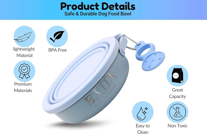 Blue Slow Feeder Travel Dog Bowl Set – 30oz Stainless Steel + 20oz Collapsible Silicone Dish + Silicone Slow Feeder Insert | Water Bottle Holder | Non-Slip, Anti-Choking, BPA-Free – Claim