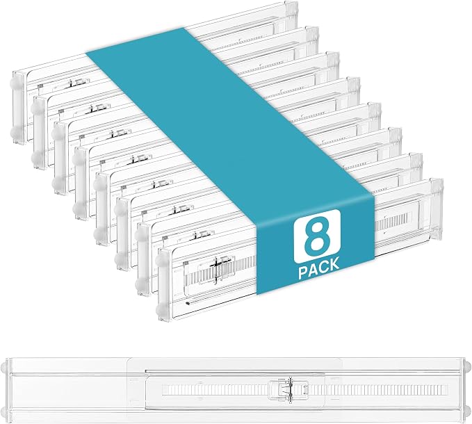 Vtopmart 8 Pack Shallow Drawer Dividers, 2.36" High 12.5"-20.8" Adjustable Expandable Kitchen Drawer Organizer, Clear Plastic Organizer Separators for Flatware, Utensil, Cutlery, Underwear, Clothes | Expandable Kitchen Drawer Organizer, Clear Plastic O...