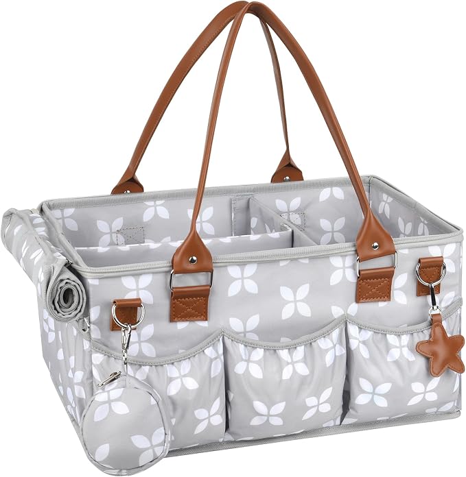 Diaper Caddy with Changing Mat, Large Baby Diaper Caddy Organizer with Lid, Portable Organizer Basket for Nursery and Car, Shoulder Strap and Pacifier Organizer
