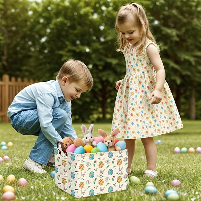 Large Cute Easter Basket for Kid Empty Gift Baby Rectangle Storage Bin Bunny Eggs Boy＆Girl Room Décor (Egg Rabbit Flower)