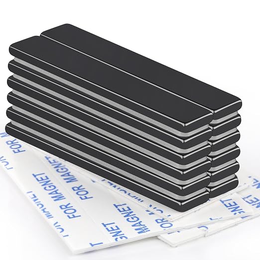 Strong Neodymium Magnets with Adhesive Backing, 12 Pack, 60x10x3 mm | Powerful Rare Earth Bar Magnets, Waterproof Black Magnetic Magnet Strips Heavy Duty for Craft, Kitchen, DIY, Office
