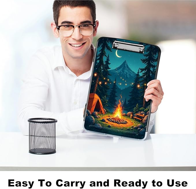 A4 Clipboard with Storage Pen Holder, Clipboards Organizer Nursing Clipboard Foldable File Folder Plastic Clipboard Folio Clip Board for Office Work Classroom Doctor, Dark Mountain Flame