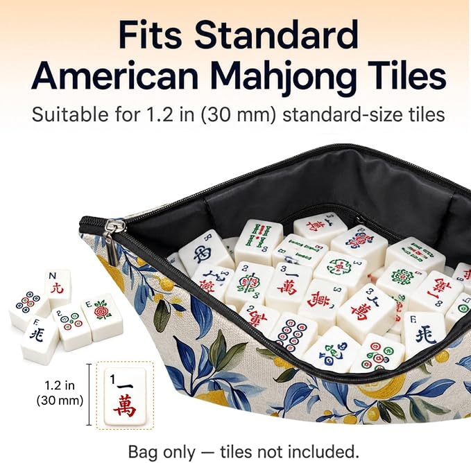 Summer Lemon Themed Gifts Empty Mahjong Tile Bag 13x7.8 Inch, | Blue Yellow Printed Portable Travel Case Organizer Zipper Pouch for American Mahjong Tiles Game Night Accessories and Gifts