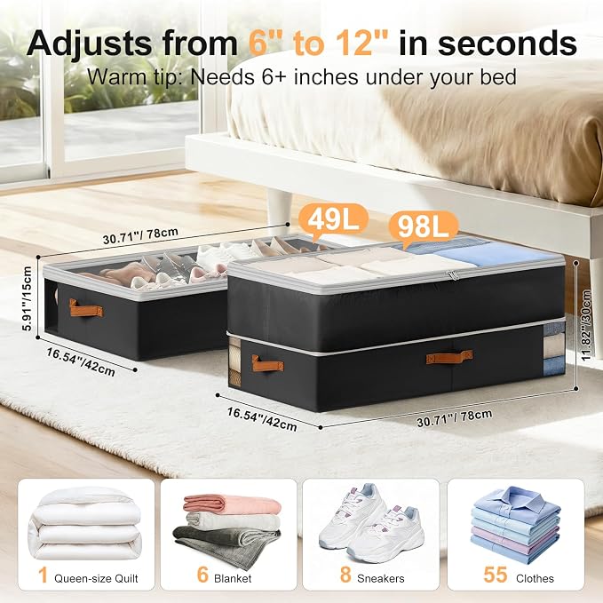 Under Bed Storage Bins - 98L Height-adjustable Under Bed Storage Containers, Compression Blanket Storage Comforter Storage Sweater Storage, Clothes Storage Bins With Clear Window, 2 Pack Black