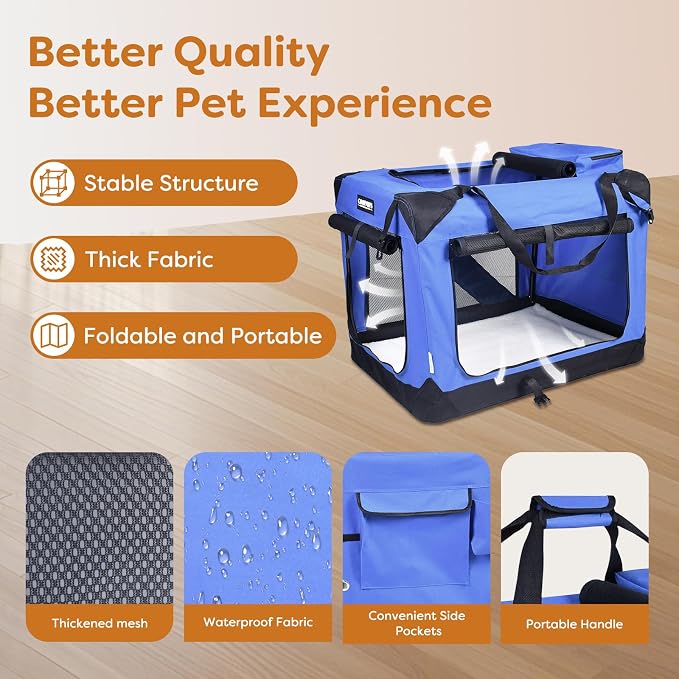 Jespet 3 Door Soft Dog Crates Kennel for Pets, Folding Travel Pet Carrier | 3 Mesh Doors 36'' Dog House, Large Pocket, Easy to Install, Steel Frame, Removable Crate Pad, For Indoor & Outdoor