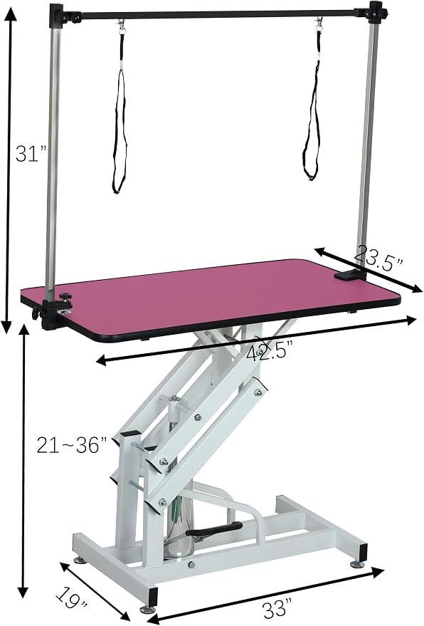 Hydraulic Pet Dog Grooming Table for Large Dogs, Heavy Duty Grooming Table with Adjustable Arm Noose, Maximum Capacity Up to 330 lbs, 42.5''/Pink