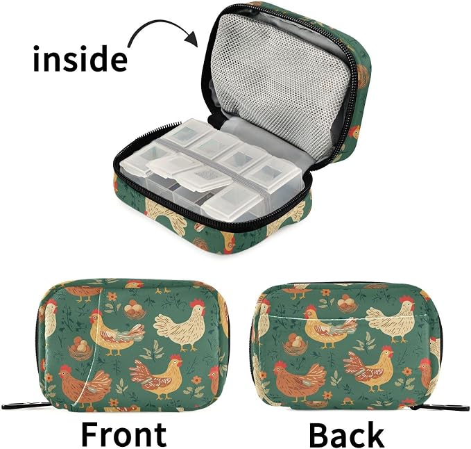 Fustylead Cute Rooster Hen Eggs Chicks Nest Plants Travel Pill Case Bag with Zipper Weekly Pill Box 8 Compartments 7 Day Personal Pill Case Purse Medicine Case Organizer
