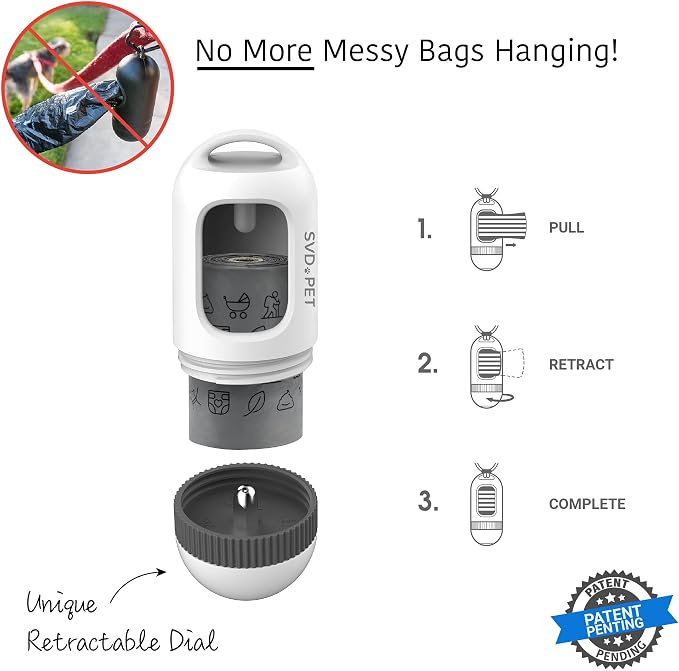 SVD.PET Dog Poop Bag Dispenser, Waste Bag Retractable, Pearl White | Portable Poop Bag Holder, Fits Any Dog Leash, Leak-Proof Bag Starter Roll Included, Dog Walking & Travel Accessory
