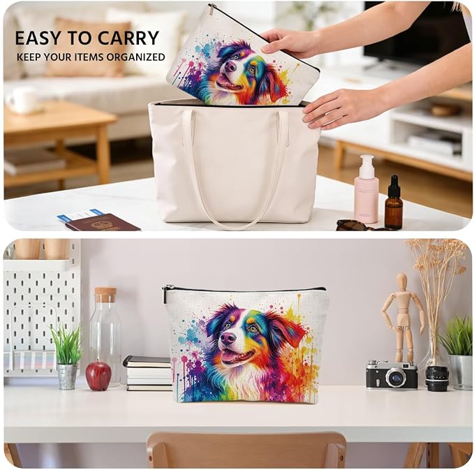 Colorful Border Collie Makeup Bag Dogs Gifts Cosmetic Bag Makeup Pouch | Cute Dog Travel Toiletry Bags, Christmas Birthday Gifts for Women Mom Girls Daughters Sisters Friends Dog Lover Pet Owner
