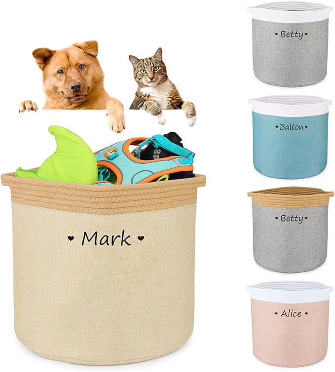 Personalized Dog Toy Storage Basket Bin - Collapsible Customized Pet's Name Round Storage, Box Organizer for Dog Toys、Clothing、Apparel & Accessories (Yellow+Khaki)