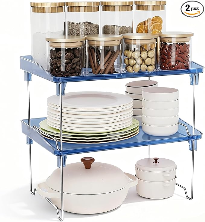 STARLATTA Acrylic Cabinet Organizer Shelf,2 Pcs Stackable Kitchen Counter Shelves,Spice Rack,Countertop Organizers,Clear Plastic Storage Organization for Makeup, Bathroom,Cupboard,Desk,Pantry