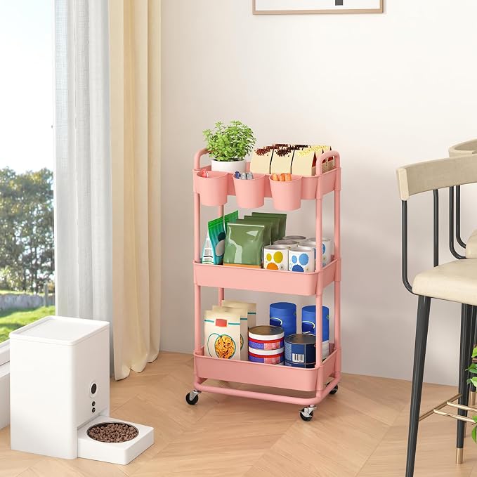 3-Tier Plastic Rolling Storage Cart Utility Cart Pink | Utility Cart with Extra Hanging Cups Arc-Shaped Handles Lockable Wheels for Living Room Bathroom Kitchen Office