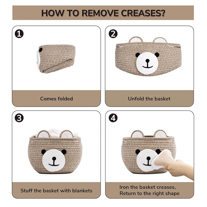 CherryNow Baby Basket for Gifts Empty, Cute Bear Design, Light Brown | 10.5" x 8.5" Baby Shower Basket for Kids Boys Newborn Storage, Toy Basket for Living Room Nursery Décor, Soft Cotton Rope