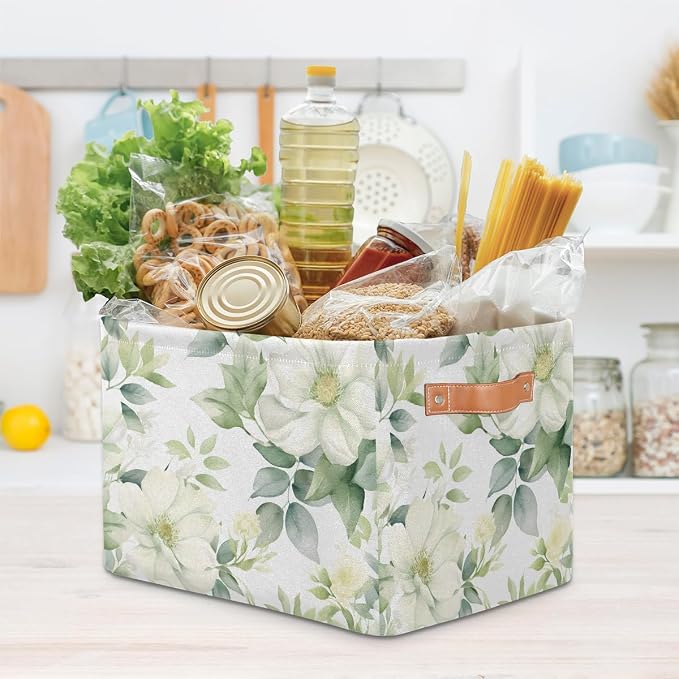Storage Baskets for Shelves, White Flower Green Leaves Fabric Storage Cubes Closet Organizers and Storage Bins with Handles Home Organization, 15x11x9.5 inch