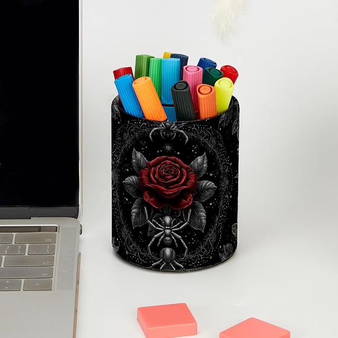 Faux Leather Pen Holder for Desk, Pencil Organizer Rose and Spider Pen Cup Desk Decor Makeup Brush Holder Storage for Office Home