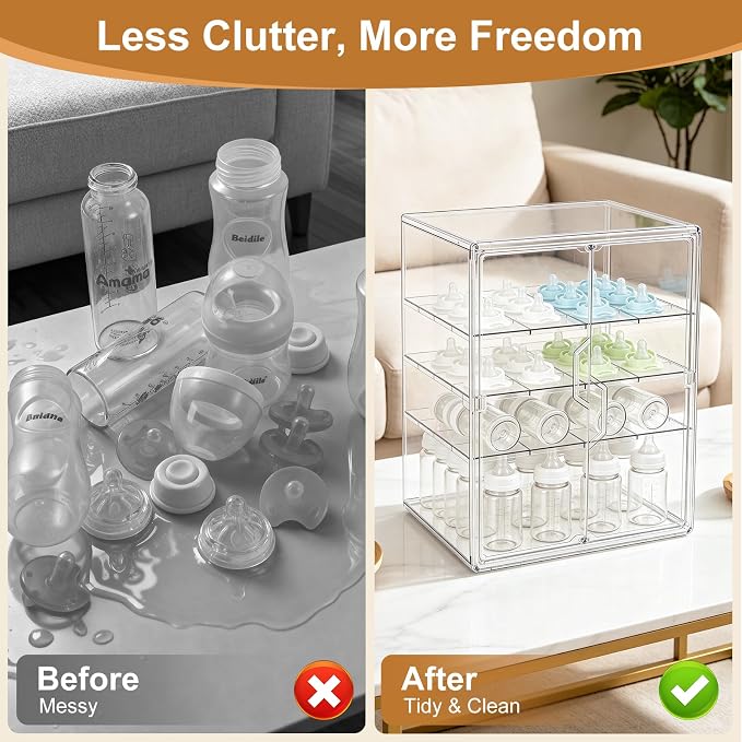 ERTIUANIO Baby Bottle Organizer for Countertop Cabinet Storage | 4 Tier Adjustable Clear Acrylic Station Container with 3 Removable Dividers for Vanity, Bathroom, Nursery, Gifts for New Mom