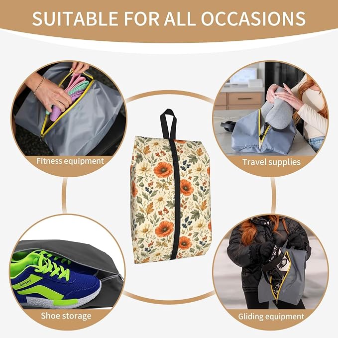 Autumn Wildflower & Berry Travel Shoe Bag for Men & Women, Waterproof Shoe Storage Organizer with Zipper, Portable Shoe Pouch for Sneakers, Heels, Sandals, Gym & Travel Luggage 2PCS