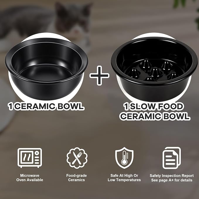 LEAWALK Upgraded Adjustable Height Cat Food Bowls Stand Ceramic Dog Bowls and Slow Feeder Cat Bowl, 15°Tilted Stand Anti Vomiting Raised for Small and Medium Sized Cats Dogs (Black)