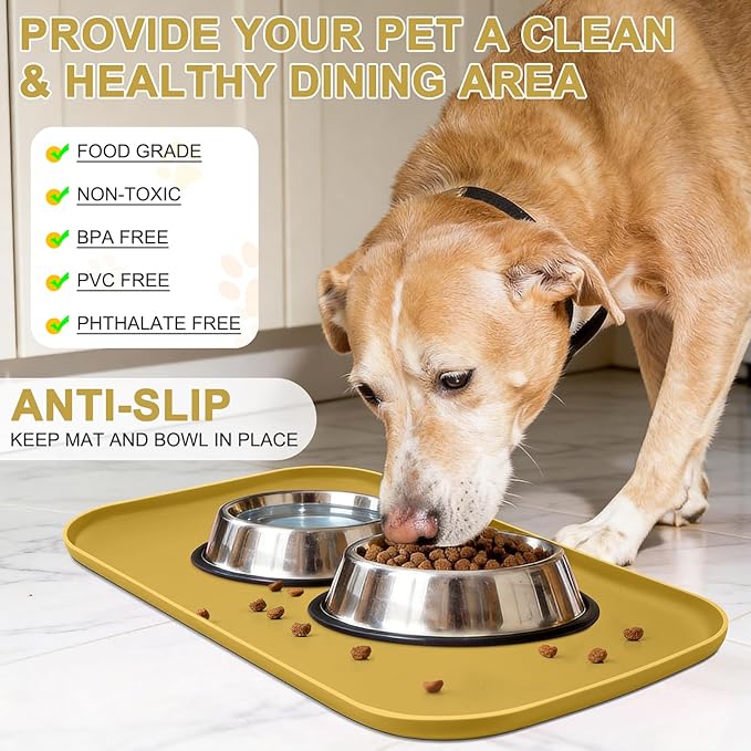Smilool Silicone Pet Food Mat with Raised Edge for Food and Water Bowl, Dog Feeding Mats, Cat Food Trays for Floor Waterproof, Rubber Tray for Dogs and Cats, 19 x 12 x 0.7 Honey