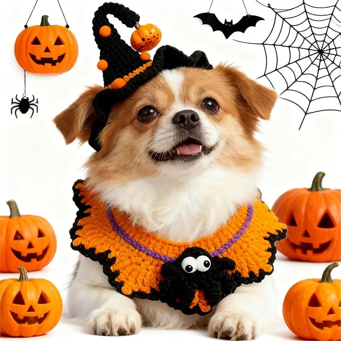 Halloween Pet Costume,Spider & Black Witch Hat for Rabbits,Cats and Small Sized Dogs,Hand-Knit Festive Halloween-Themed Cat Apparel,Dog Halloween Outfits,Cat Witch Costume