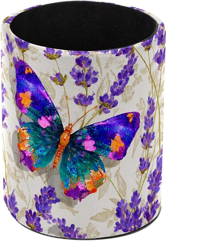 Butterfly and Lavender Pen Holder, Pencil Cup Marker Brush Holder Desk Storage Case, Desktop Organizer for School Office Home Supplies
