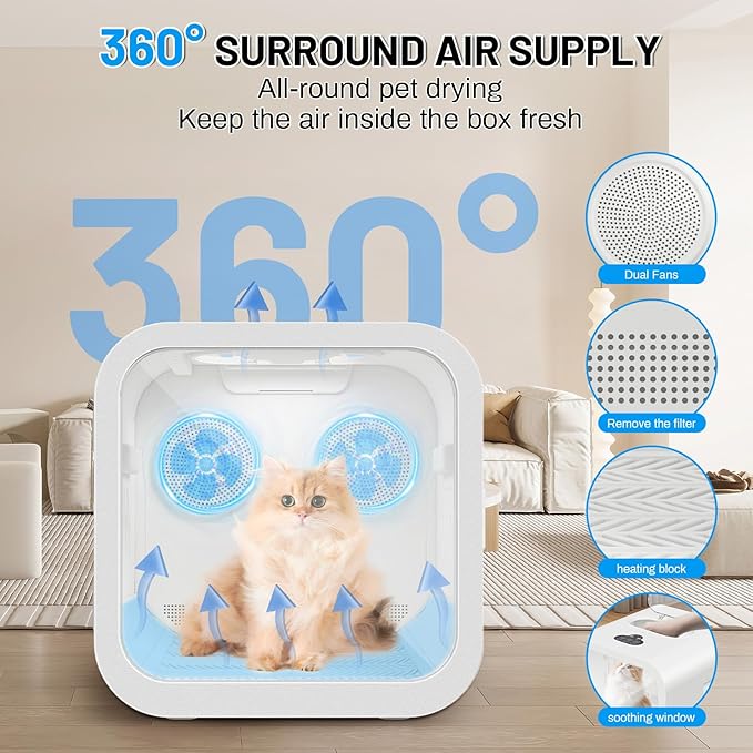 Automatic Pet Hair Dryer Box, 70L Dual Motor Fans Blower for Cats and Small Dogs, 360° Drying, Temperature Control, Self-Dryer Boxes with 4 Adjustable Speed Settings & 5 Drying Modes, 5 Towels, White