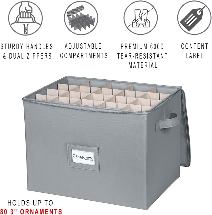 Christmas Ornament Storage Box - Large Christmas Decor Storage Containers that Store up to 128 Ornaments of 3 Inches - Durable Material To Protect And Store Holiday Ornaments Décor, Gray