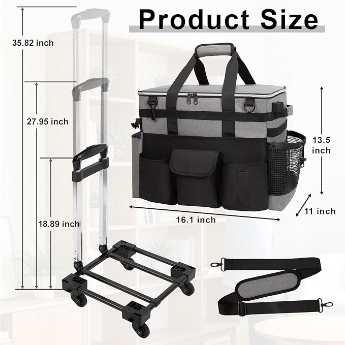 Large Rolling Cleaning Caddy with Wheels, Cleaning Supplies Organizer | With Detachable Trolley, Water-resistant Cleaner Cart for Housekeepers, Multi Pocket Cleaning Cart with Strap, Gray