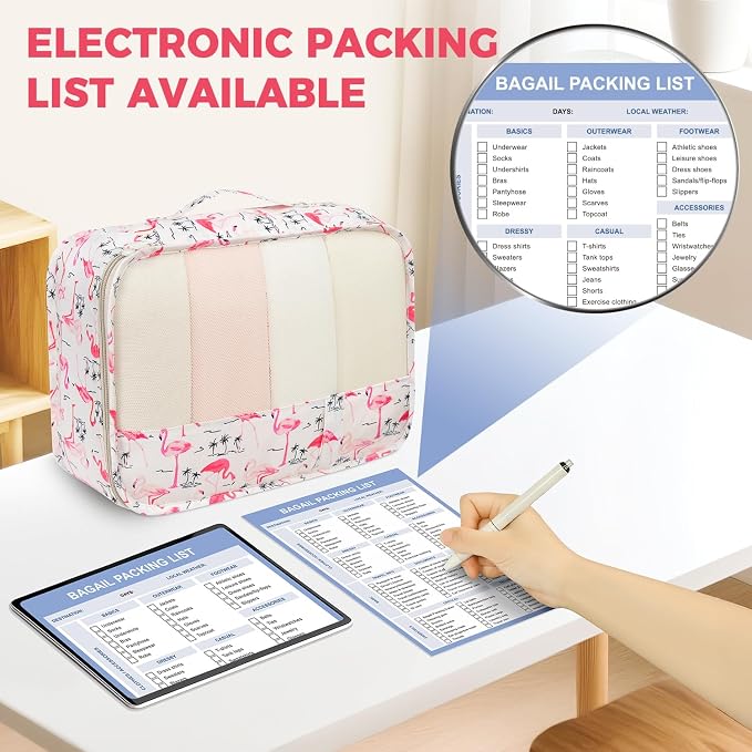 BAGAIL 9 Set Packing Cubes with Packing List Luggage Packing Organizers for Travel Accessories (Flamingo)