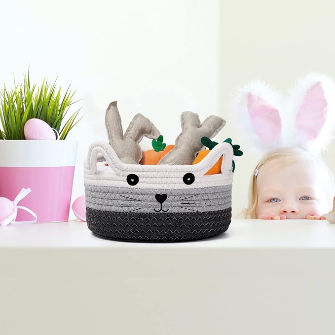 Zopeal Cat Woven Gift Basket Storage,8.3 x 4.7 Inch,Dark Gradient | Cute Cotton Rope Organizer with Handles for Toy Box, Nursery Decor, Decorative Bin, Pet Supplies Holder, Desk Storage