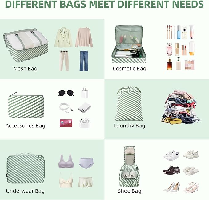 BAGAIL 8 Set Packing Cubes Luggage Packing Organizers for Travel Accessories-White and Matcha Stripe