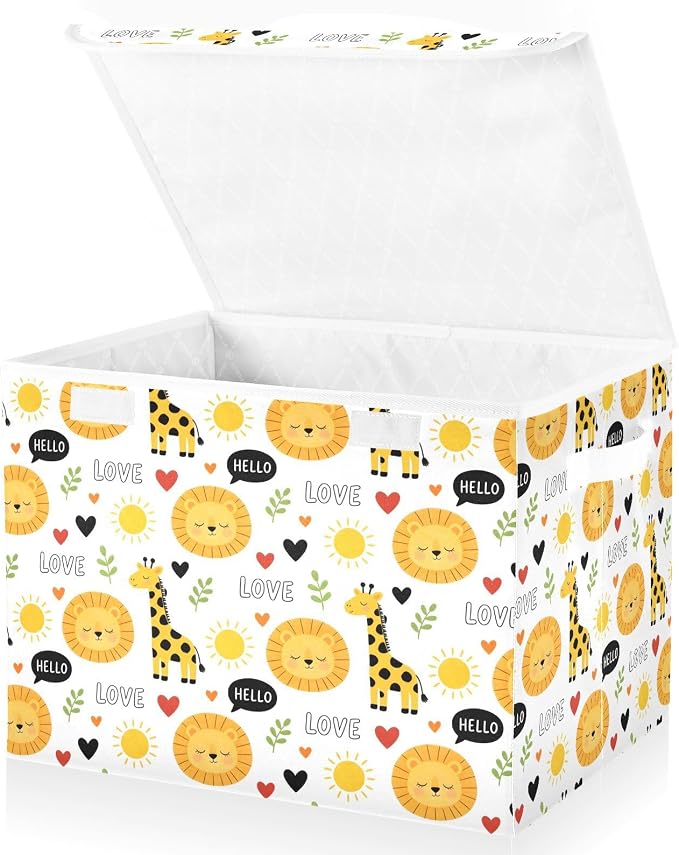 Storage Bins with Lid Giraffe Lion Foldable Storage Boxes 40L Baskets | Decorative Storage Boxes, 300D Oxford Cloth, Hollow Board Frame, Flip Top Velcro Lid, 16.5x12.6x11.8 inch, Collapsible Design