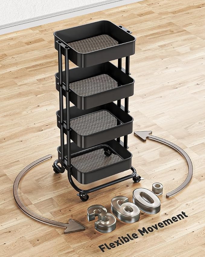 Pipishell 4 Tier Metal Rolling Utility Cart with 2 Lockable Wheels, Black | 360° Rotating Wheel, Heavy-Duty Steel, Sturdy Dual Columns, Ventilated Mesh, Hold 22 lbs per Shelf, for Kitchen & Dining Room