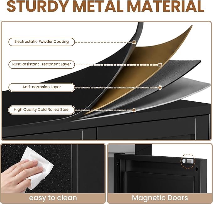 Metal Cat Litter Box Enclosure Furniture, Hidden Cat Washroom Cabinet with 2 Doors, Modern Pet Cabinet for Litter Box or Cat Bed, Dog Proof Indoor Cat House, End Table, Nightstand, Black